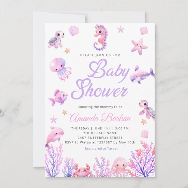 Under the Sea purple cute Baby Shower Invitation (Front)