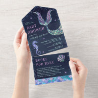 Under the Sea Purple Mermaid Navy Blue Baby Shower All In One Invitation