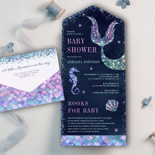 Under the Sea Purple Mermaid Navy Blue Baby Shower All In One Invitation