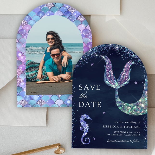 Under the Sea Purple Mermaid Navy Photo Wedding Save The Date (Creator Uploaded)