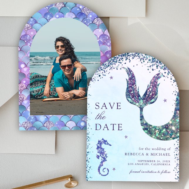 Under the Sea Purple Mermaid Photo Wedding Save The Date (Creator Uploaded)