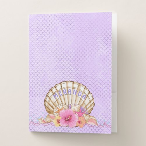 Under the Sea Purple Mermaid Scales and Sea Shell Pocket Folder