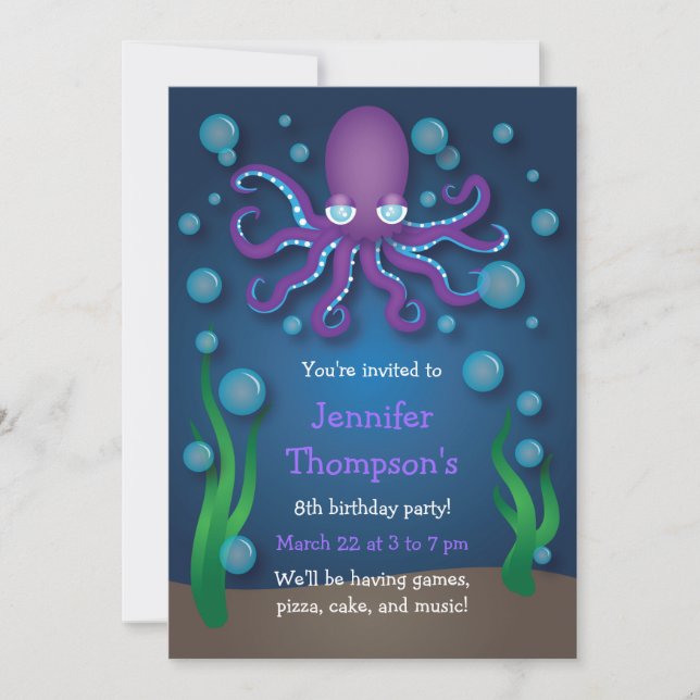 Under the Sea Purple Octopus Birthday Invitations (Front)