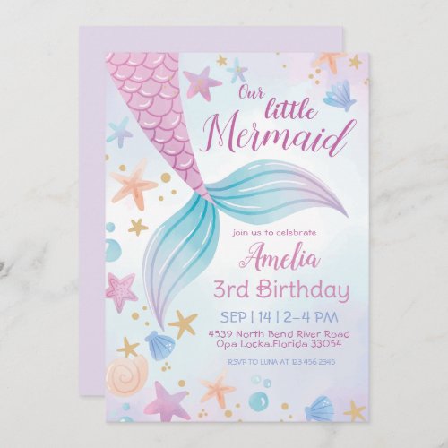 Under the Sea Purple Teal Little Mermaid Birthday Invitation