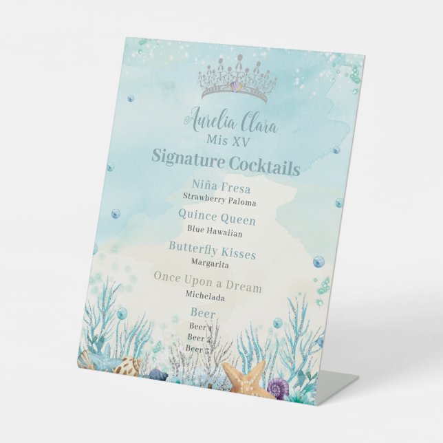Under the Sea Quinceanera Cocktails Bar Menu Pedestal Sign (Front)
