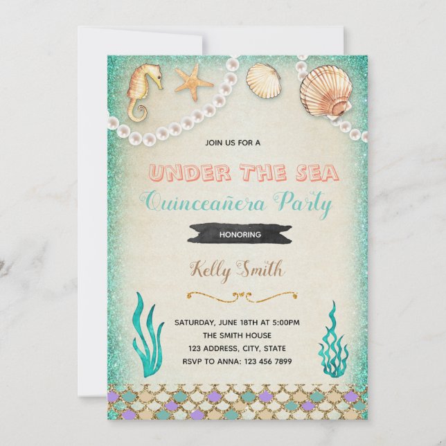 Under the sea quinceanera party invitation (Front)