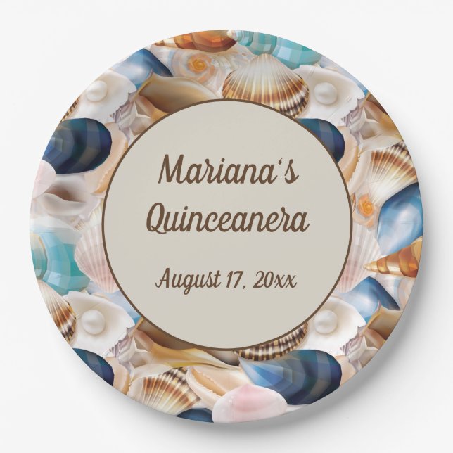 Under the Sea Quinceanera Party Seashells Pattern Paper Plates (Front)