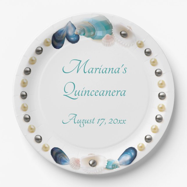 Under the Sea Quinceanera Party Seashells Pearls Paper Plates (Front)