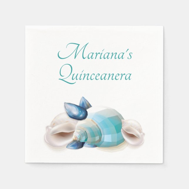 Under the Sea Quinceanera Party Teal Blue Seashell Napkins (Front)