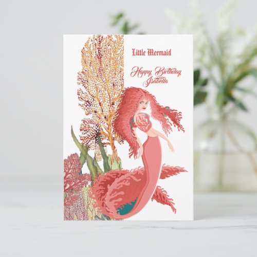 Under The Sea Red Mermaid Coral Birthday Greeting Invitation