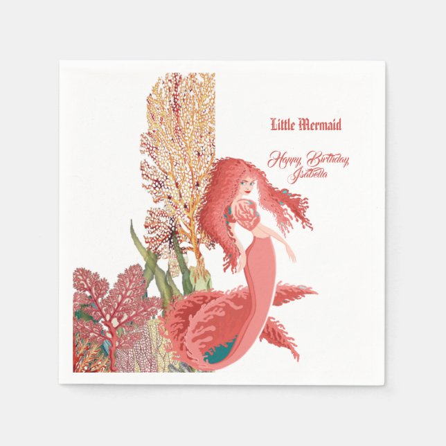 Under The Sea Red Mermaid Coral Reef Birthday  Napkins (Front)