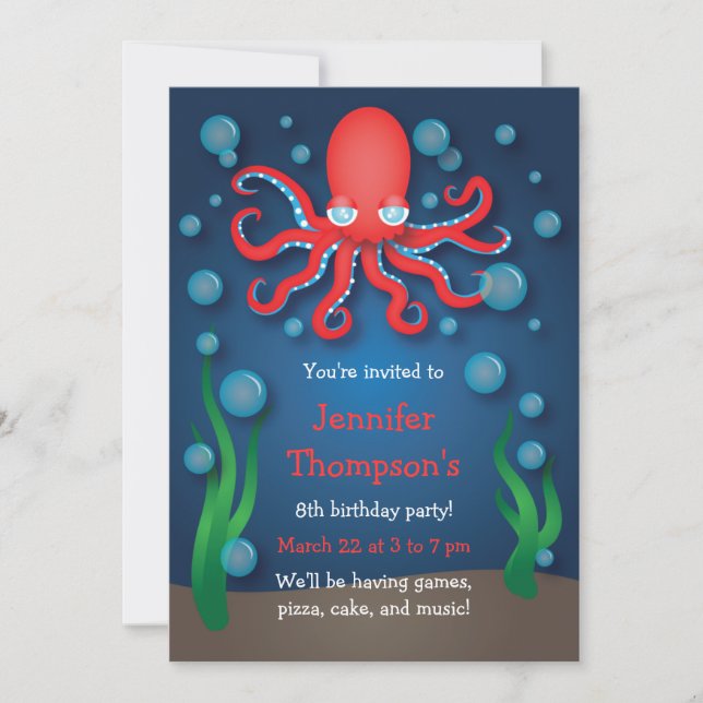 Under the Sea Red Octopus Birthday Invitations (Front)