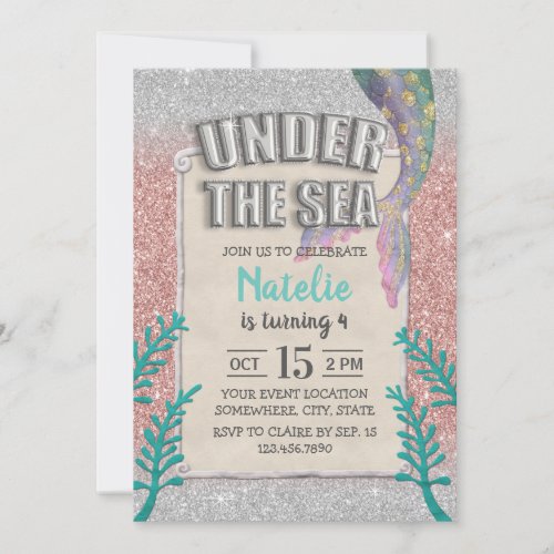 Under the Sea Rose Gold Glitter Mermaid Birthday Invitation