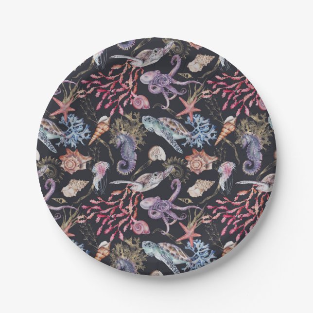 Under the Sea Seashells Seahorses Starfish Ocean  Paper Plates (Front)
