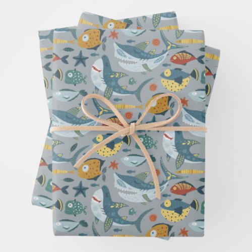 Under The Sea Shark 1st 2nd 3rd Birthday Grey Wrapping Paper Sheets