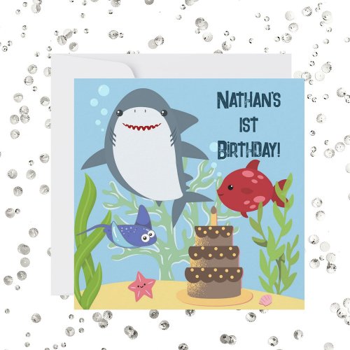 Under the sea shark boys 1st birthday party  invitation