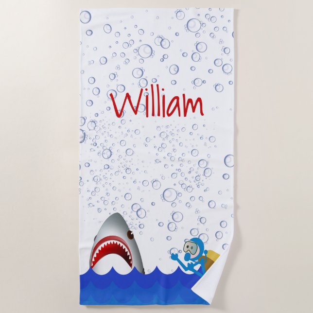 Under the sea shark bubbles blue diver name beach towel (Front)