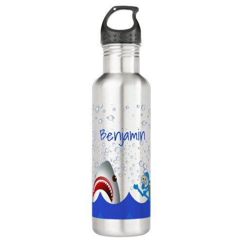 Under the sea shark bubbles blue diver name stainless steel water bottle