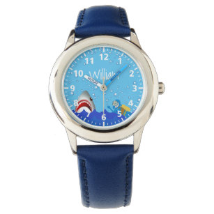 Under the sea shark bubbles blue diver name watch