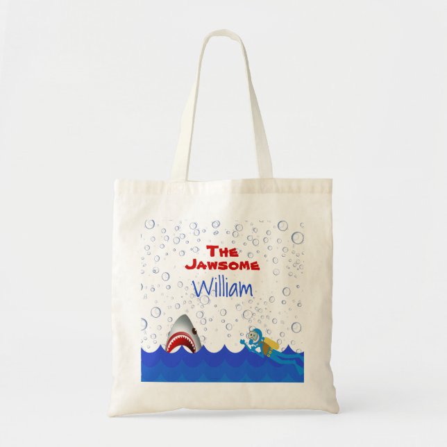 Under the sea shark scubadiver name cartoon kids tote bag (Front)