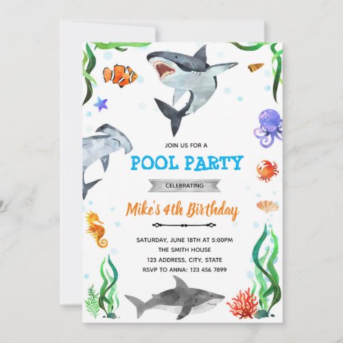 Under the sea shark shower birthday invitation