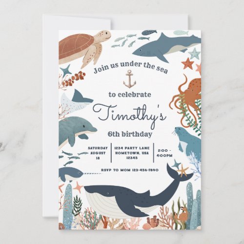 Under the Sea Shark Whale Turtle Narwhal Birthday Invitation