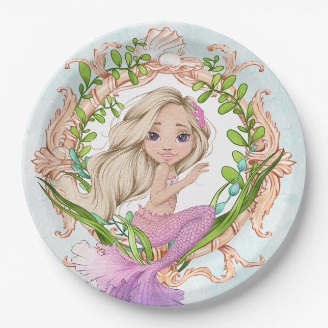Under the Sea Shell Frame with Mermaid Paper Plates (Front)
