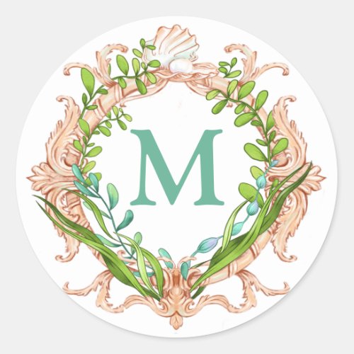 Under the Sea Shell Frame with Seaweed Monogram Classic Round Sticker