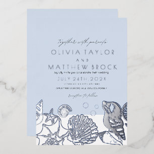 Under the Sea Silver Blue Shells Modern Wedding Foil Invitation