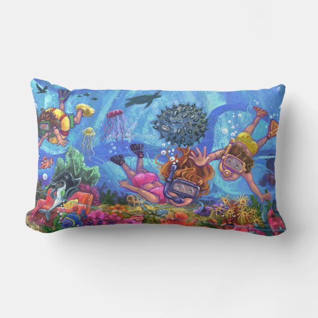 Under the Sea Snorkeling Kids Art Lumbar Pillow (Front)
