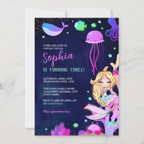 Under The Sea Sparkle Mermaid Birthday Party  Invitation