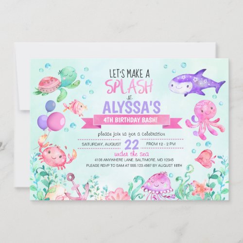 Under The Sea Splash Birthday Girl Invitation