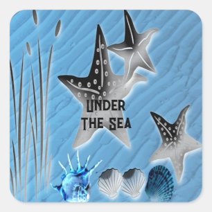 Under The Sea Starfish Shells Seaweed Blue Water Square Sticker