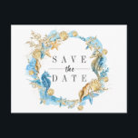 Under the Sea Summer Wedding Save the Date Announcement Postcard<br><div class="desc">Under the Sea Blue and Gold Summer Wedding Save the Date Postcard featuring seahorses,  starfishes,  seashells and coral reefs. For more advanced customization of this design,  Please click the "Customize” button above! Matching items are also available</div>