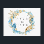 Under the Sea Summer Wedding Save the Date Announcement Postcard<br><div class="desc">Under the Sea Blue and Gold Summer Wedding Save the Date Postcard featuring seahorses,  starfishes,  seashells and coral reefs. For more advanced customization of this design,  Please click the "Customize” button above! Matching items are also available</div>