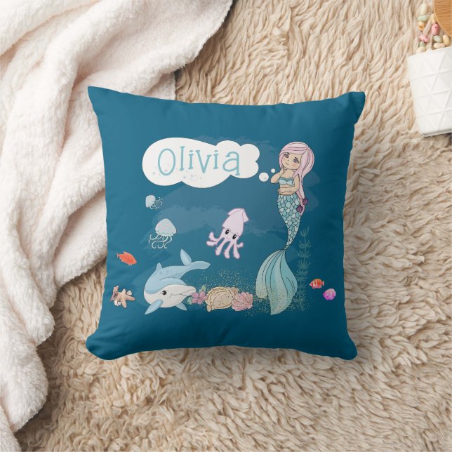 Under the Sea Sweet Mermaid Personalized Throw Pillow (Blanket)