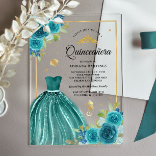 Under the Sea Teal Dress Mermaid Gold Quinceanera Acrylic Invitations