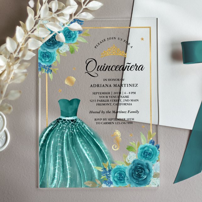 Under the Sea Teal Dress Mermaid Gold Quinceanera Acrylic Invitations (Creator Uploaded)