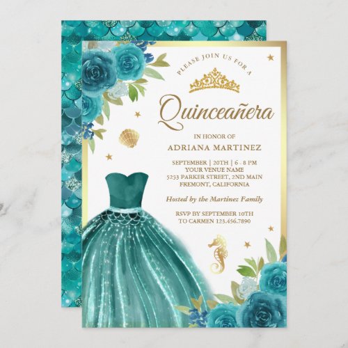 Under the Sea Teal Dress Mermaid Gold Quinceanera Invitation