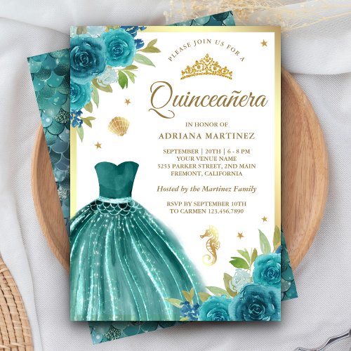 Under the Sea Teal Dress Mermaid Gold Quinceanera Invitation