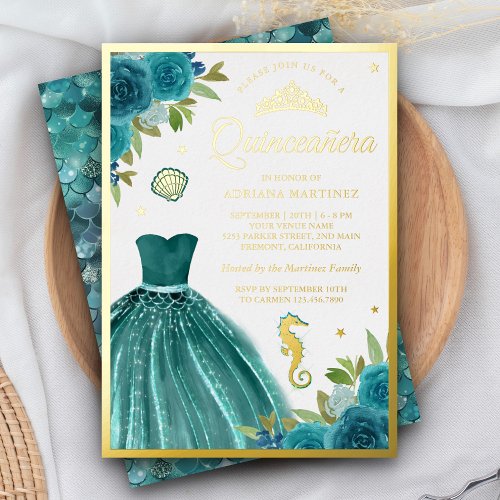 Under the Sea Teal Dress Mermaid Quinceanera Gold Foil Invitation