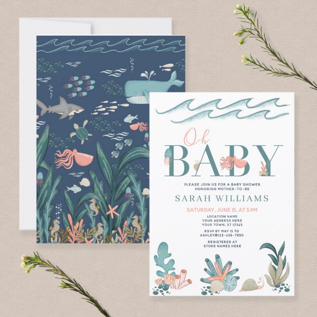 Under the Sea Teal Watercolor Oh Baby Shower Invitation