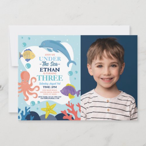 Under The Sea THREE Ocean Dolphin Octopus 3 Photo Invitation