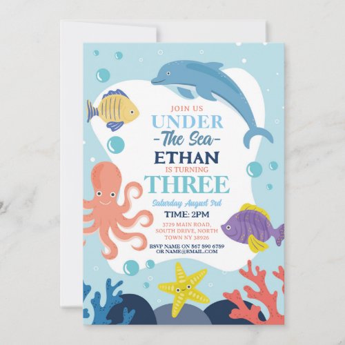 Under The Sea THREE Ocean Dolphin Octopus 3rd Invitation