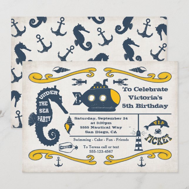 Under the Sea Ticket Nautical Birthday Party Invitation (Front/Back)