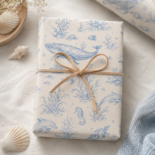 Under the Sea Toile Blue Ocean Animals Wrapping Paper Sheets