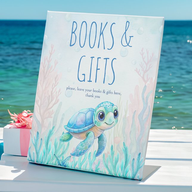 Under the sea turtle aqua blue baby gifts table pedestal sign (Under the sea turtle aqua blue baby shower gifts table pedestal sign personalized table decor)