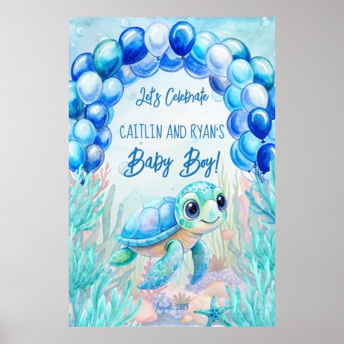 Under the sea turtle aqua blue baby shower backdro poster
