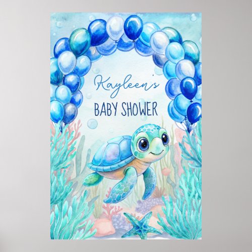 Under the sea turtle aqua blue baby shower backdro poster