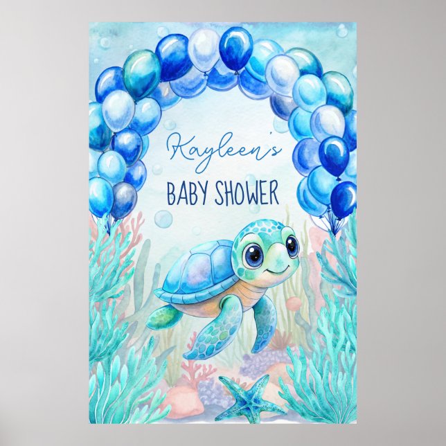 Under the sea turtle aqua blue baby shower backdro poster (Front)